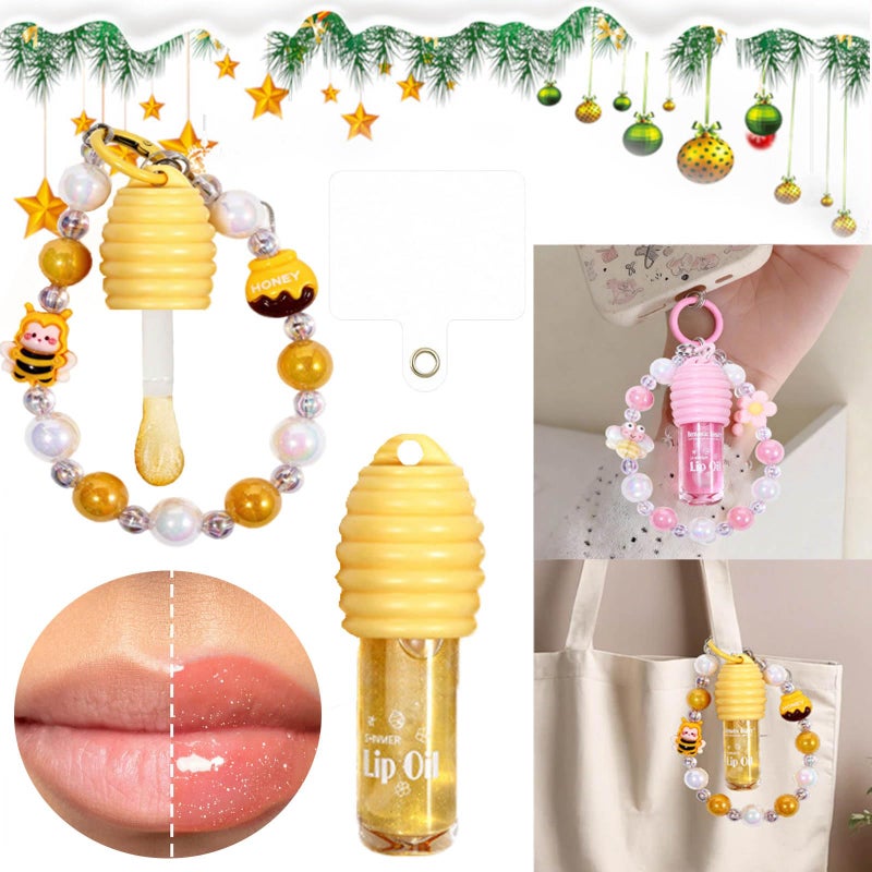 KTouler 2Pcs Glitter Lip Gloss with Keychain and Beaded Phone Wrist Strap,Cute Clear Pink Honey Lip Gloss Set for Girls,Hydrating Fruit Flavored Tinted Girls Lip Oil Stain Long Lasting With Box Gifts - Image 3